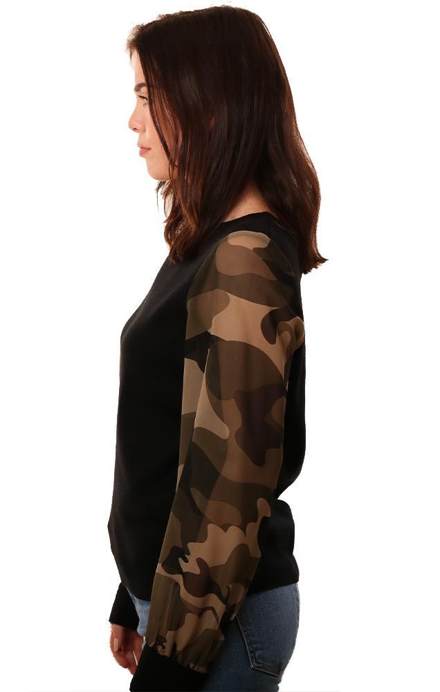 Six Fifty Tops Crew Neck Long Camo Sleeve Black Knit Top