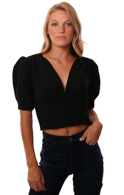 Amanda Uprichard Tops Pouf Sleeve V Neck Crop Black Top