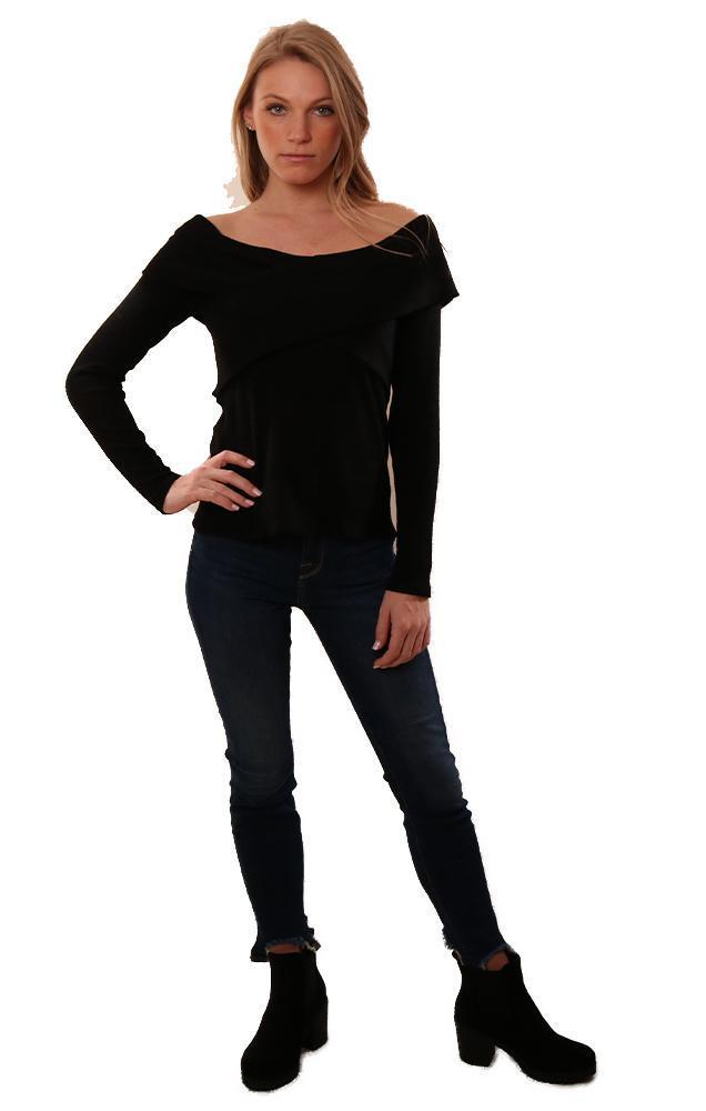 Red Haute Tops Long Sleeve Off The Shoulder Cross Over Knit Black Sweater