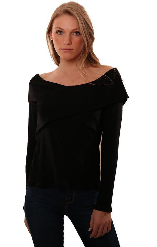 Red Haute Tops Long Sleeve Off The Shoulder Cross Over Black Top