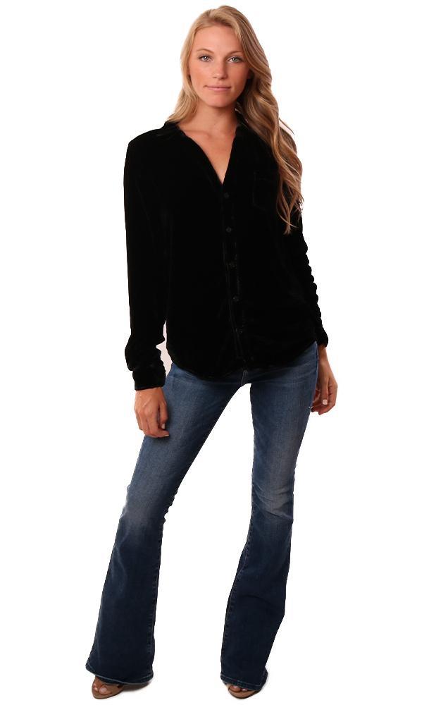 CP Shades Tops Button Up Collared Long Sleeve Velvet Blouse