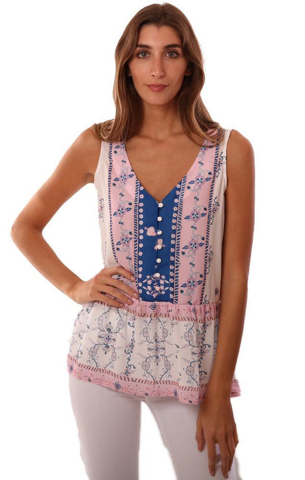 Q&A Tops Sleeveless V Neck Button Front Printed Flowy Feminine Blouse