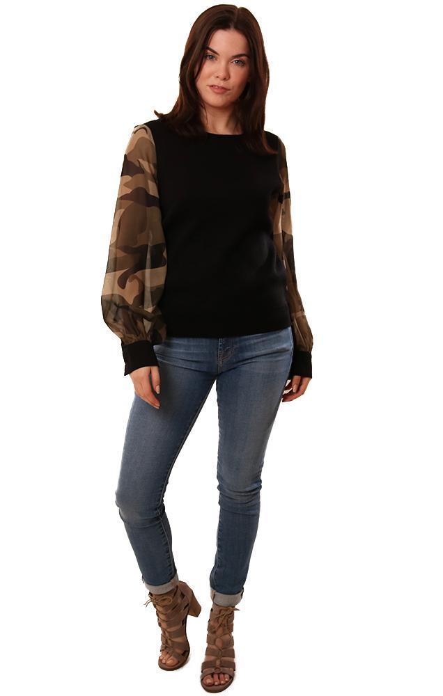 Six Fifty Tops Crew Neck Long Camo Sleeve Black knit Top