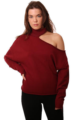 Six Fifty Tops Cutout Mock Neck Long Sleeve Burgundy Pullover Top