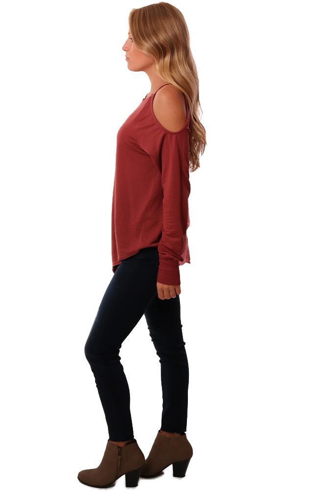 Red Haute Tops Cold Shoulder Long Sleeve Crew Neck Asymmetrical Pullover Top