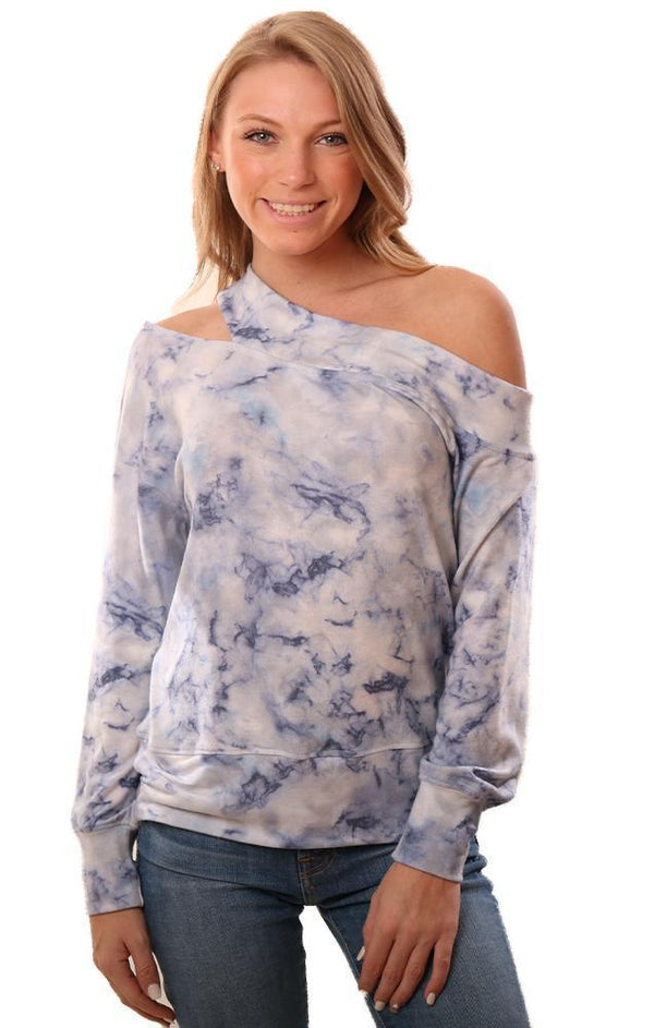 Red Haute Tops Long Sleeve Cutout Shoulder Blue Tie Dye Top