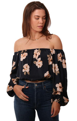 BB Dakota Tops Off The Shoulder Long Flowy Sleeve Cropped Floral Print