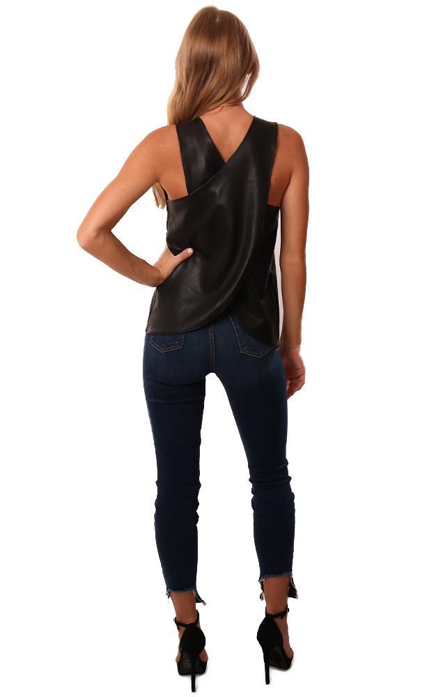 Amanda Uprichard Tops Sleeveless Vegan Leather Cross Back Black Blouse