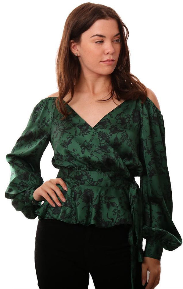 Do And Be Tops Off The Shoulder Long Sleeve Wrap Floral Print Green Blouse