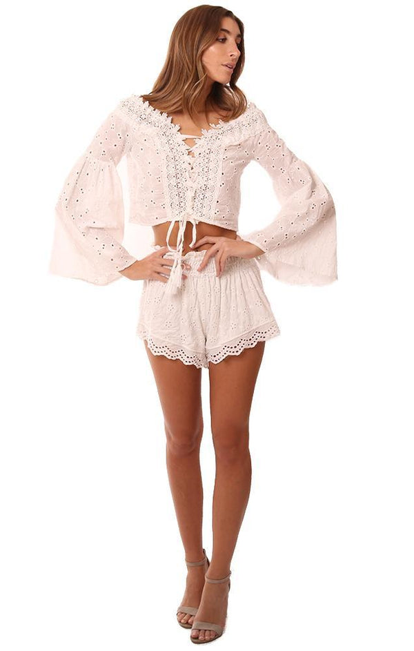 Vintage Havana Tops Off The Shoulder Eyelet Lace Bell Sleeve Blouse