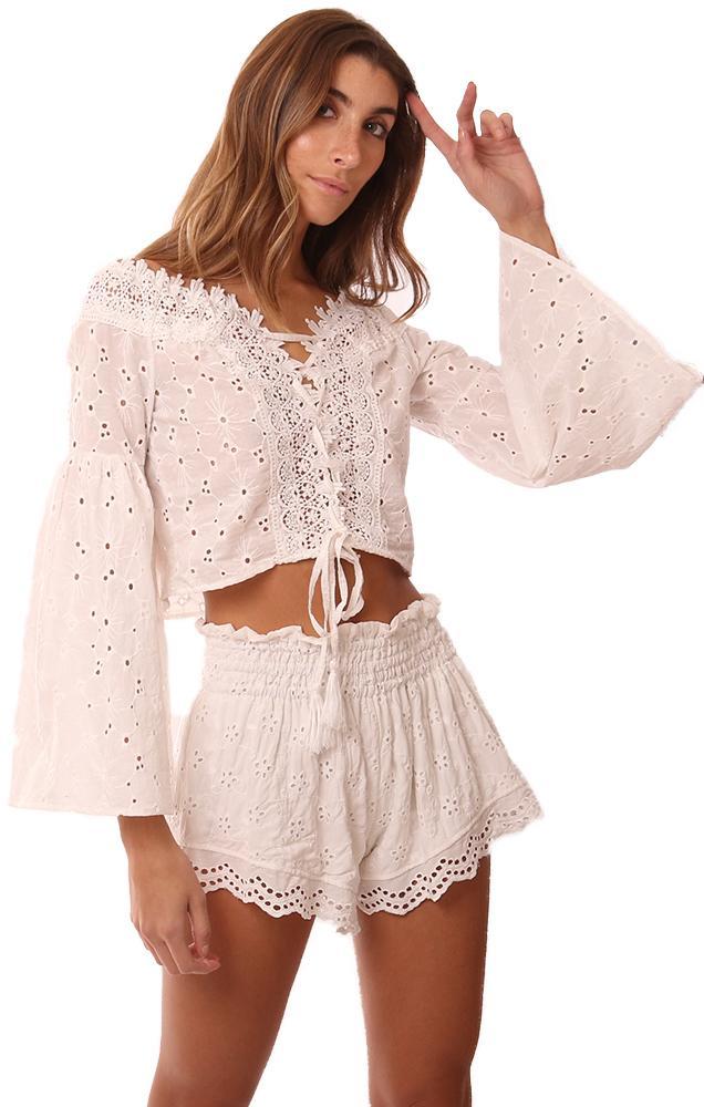 Vintage Havana Tops Off The Shoulder Eyelet Lace Bell Sleeve Top