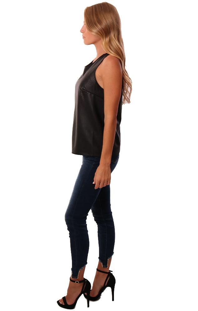 Amanda Uprichard Tops Sleeveless Vegan Leather Cross Back Black Edgy Top