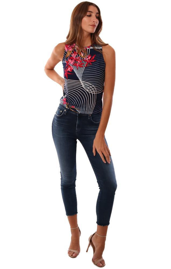 Veronica M Tops Sleeveless Scoop Neck Fitted Printed Navy Floral Tank Top