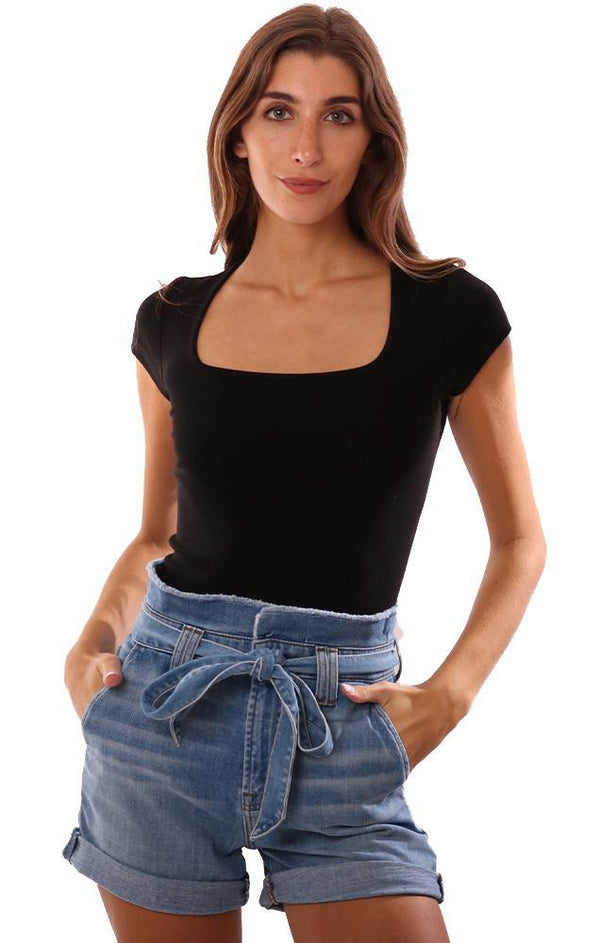 Michael Stars Tops Fitted Short Sleeve Ribbed Black Square Neck Top