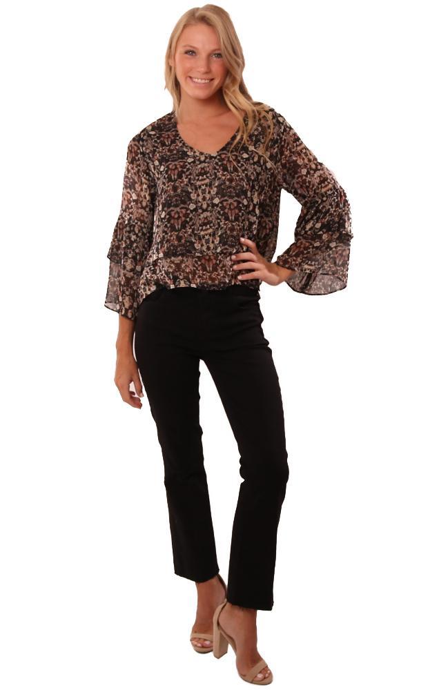 Veronica M Tops Ruffle Sleeve V Neck Lightweight Floral Printed Fall Blouse