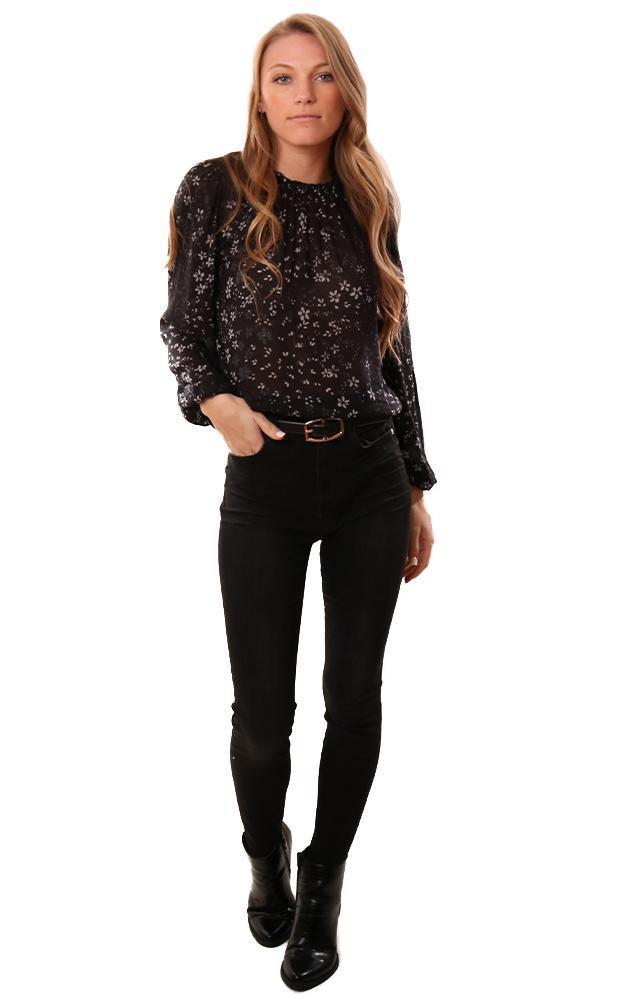 Bella Dahl Tops Long Sleeve Shirred Black Floral Holiday Blouse