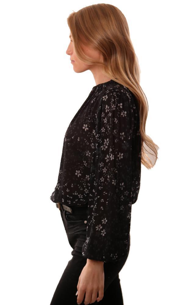 Bella Dahl Tops Long Sleeve Shirred Black Floral Flowy Blouse