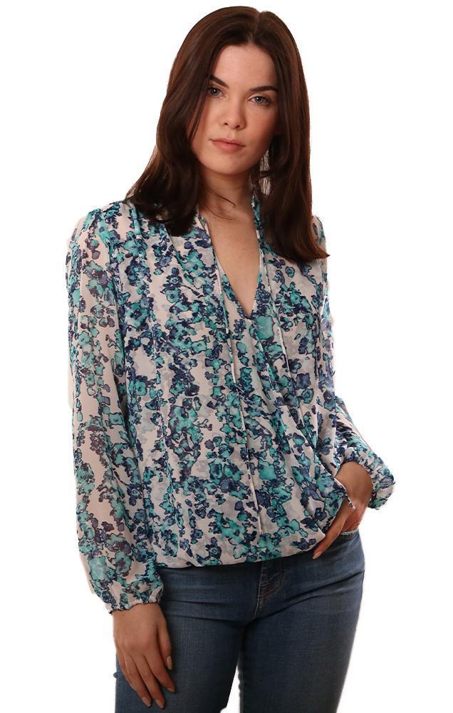 Veronica M Tops Long Sleeve Cross Front Blue White Floral Print