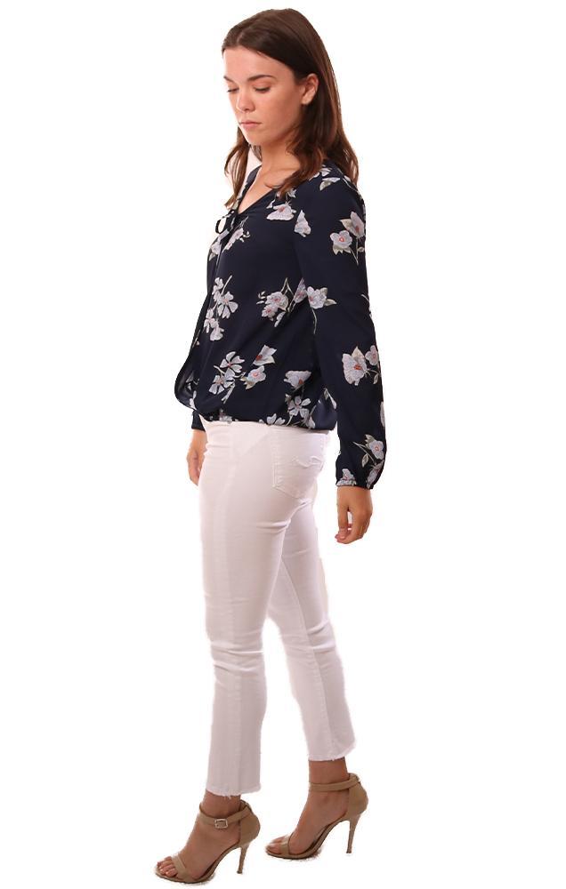 BB Dakota Tops Long Sleeve Tied V Neck Floral Print Cross Front Chic Navy Blouse