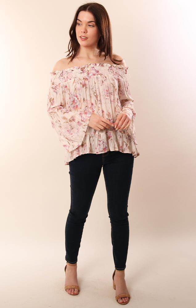 Tops Bell Sleeve Off The Shoulder Floral Printed pink top