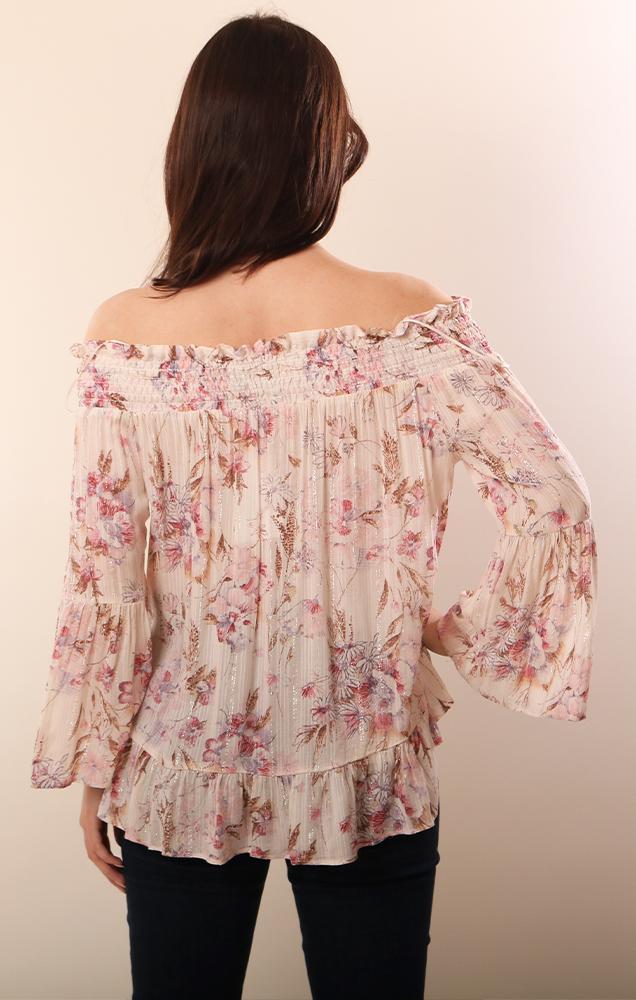 Tops Bell Sleeve Off The Shoulder Floral Printed pink spring blouse