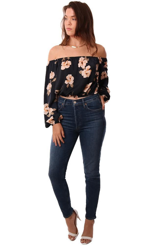 BB Dakota Tops Off The Shoulder Long Flowy Sleeve Cropped Floral Navy Blouse