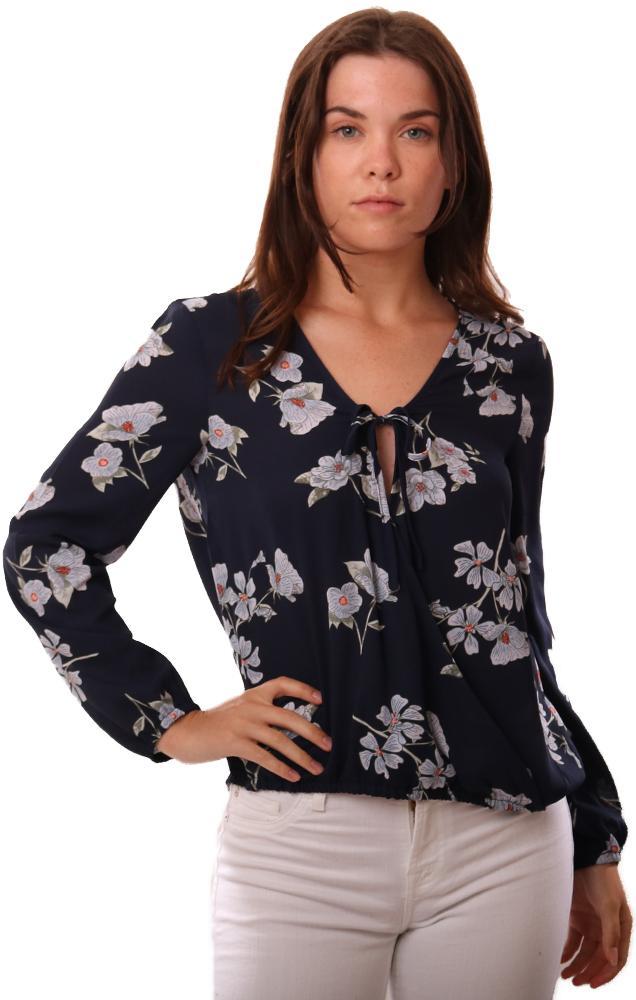 BB Dakota Tops Long Sleeve Tied V Neck Floral Print Cross Front Navy Blouse