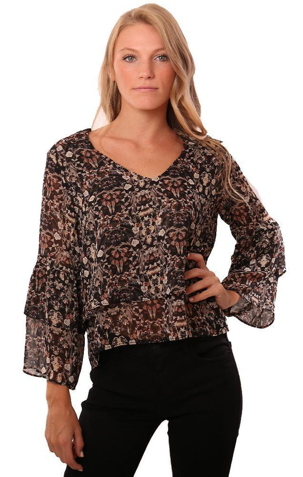 Veronica M Tops Ruffle Sleeve V Neck Lightweight Floral printed Blouse