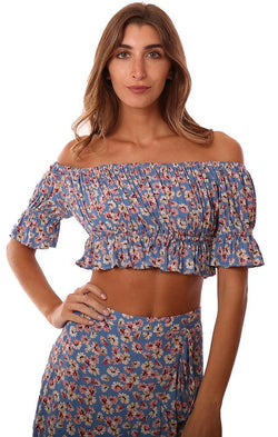 Tops Off The Shoulder Floral Printed Crop Ruffle Trim mini Blue Blouse