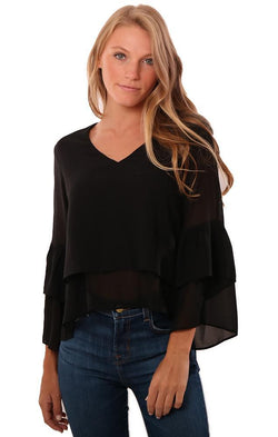 Veronica M Tops Ruffle Sleeve V Neck Lightweight Black Blouse