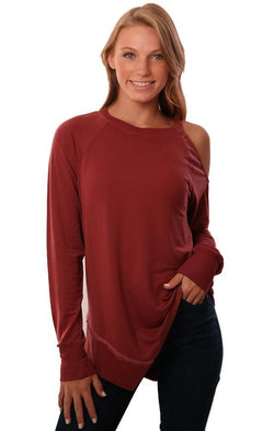 Red Haute Tops Cold Shoulder Long Sleeve Crew Neck Asymmetrical Pullover