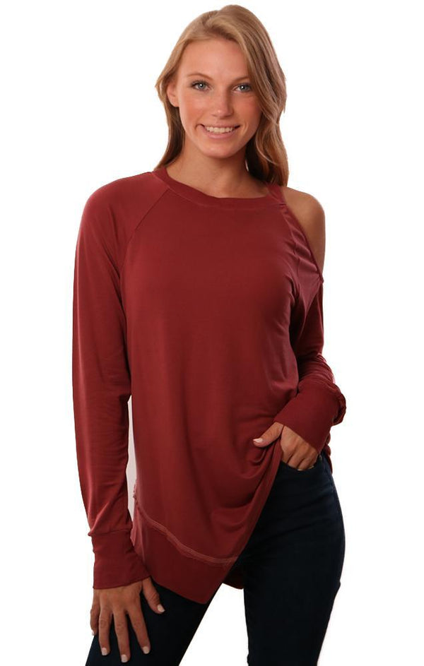 Red Haute Tops Cold Shoulder Long Sleeve Crew Neck Asymmetrical Pullover