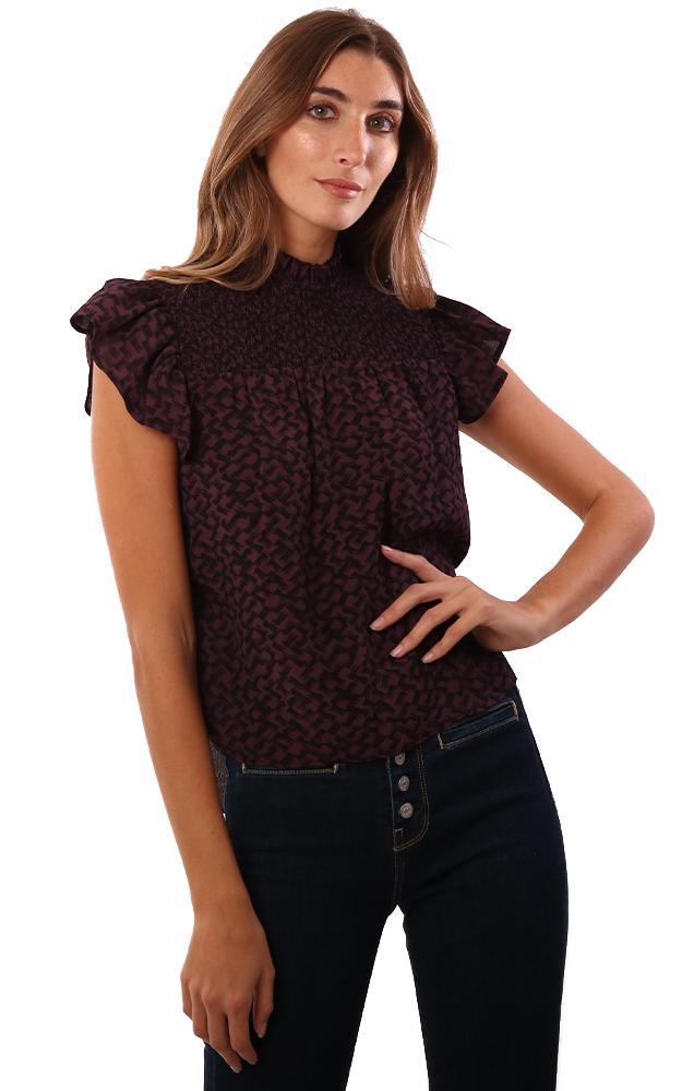 Red Haute Tops Smocked Front Ruffle Short Sleeve Plum Printed Top