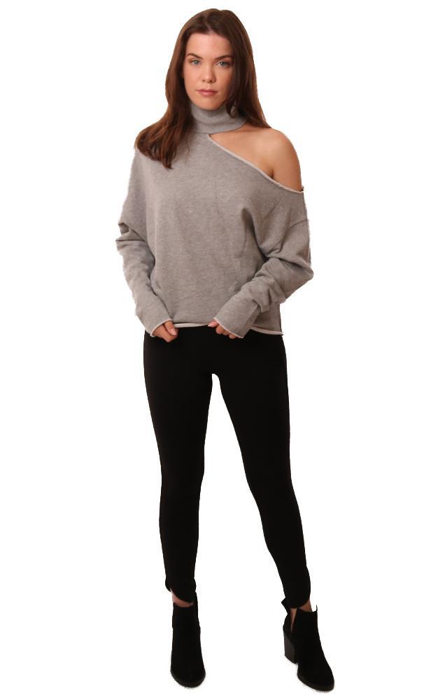 Six Fifty Tops Cutout Mock Neck Long Sleeve Grey Pullover Sweatshirt