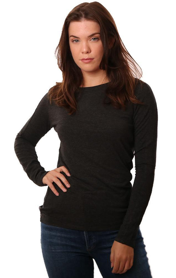 In Cashmere Tops Crew Neck Long Sleeve Fine Knit Charcoal Pullover