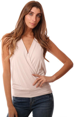 Veronica M Tops Sleeveless V Neck Cross Front Banded Ivory Tank Top