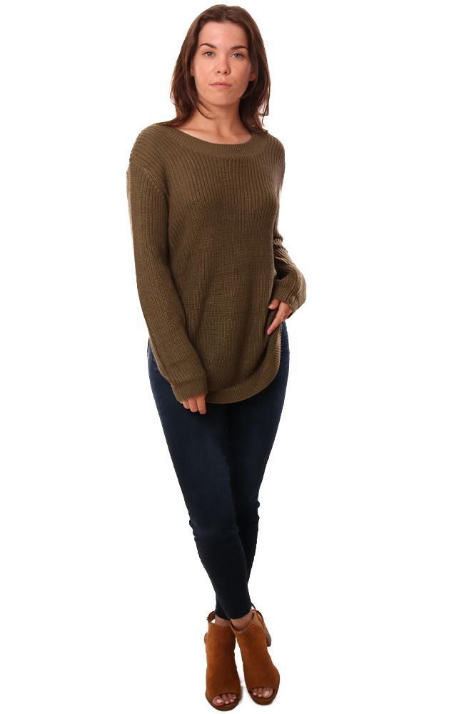 Jack By BB Dakota Sweaters Crew Neck Cutout Back Ribbed Green Knit Sweater