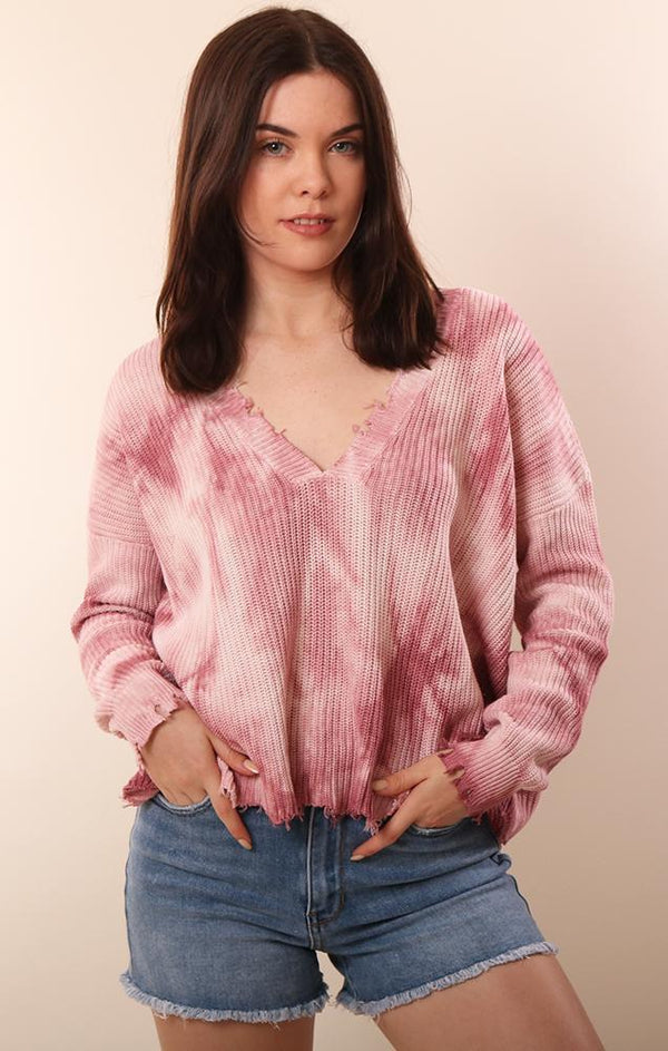 Long Sleeve Distressed Pink Tie Dye Knit Sweater