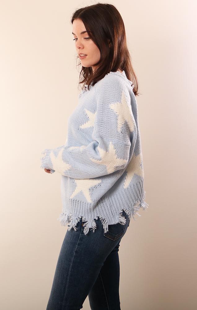 Storia Long Sleeve Distressed Star Printed Blue Spring Pullover Knit Sweater