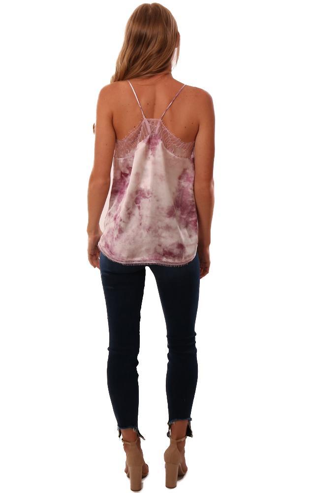 Storia Tops Lace Trim Tie Dye Silky Pink Purple Top Cami