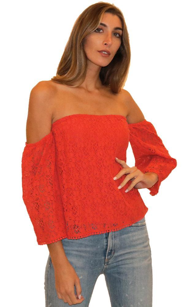 Cupcakes And Cashmere Tops Off The Shoulder Bell Sleeve Lace Red Blouse