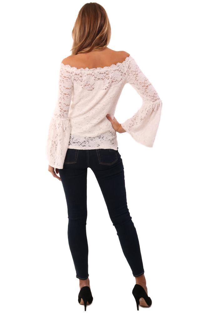 Red Haute Tops Off The Shoulder Long Bell Sleeve Lace White Top