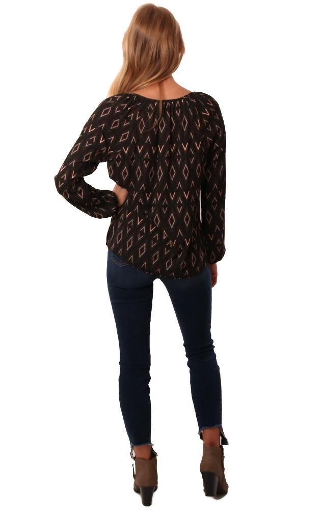 Veronica M Tops Long Sleeve Tied V Neck Black Red Printed Top