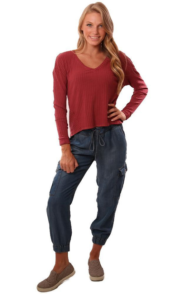 Red Haute Tops Long Sleeve V Neck Ribbed Flowy Dusty Red Top