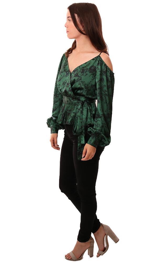 Do And Be Tops Off The Shoulder Long Sleeve Wrap Floral Green Silky Blouse