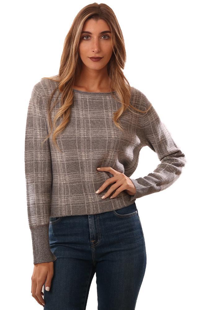 Raffi Sweaters Crew Neck Long Sleeve Grey Plaid cashmere top