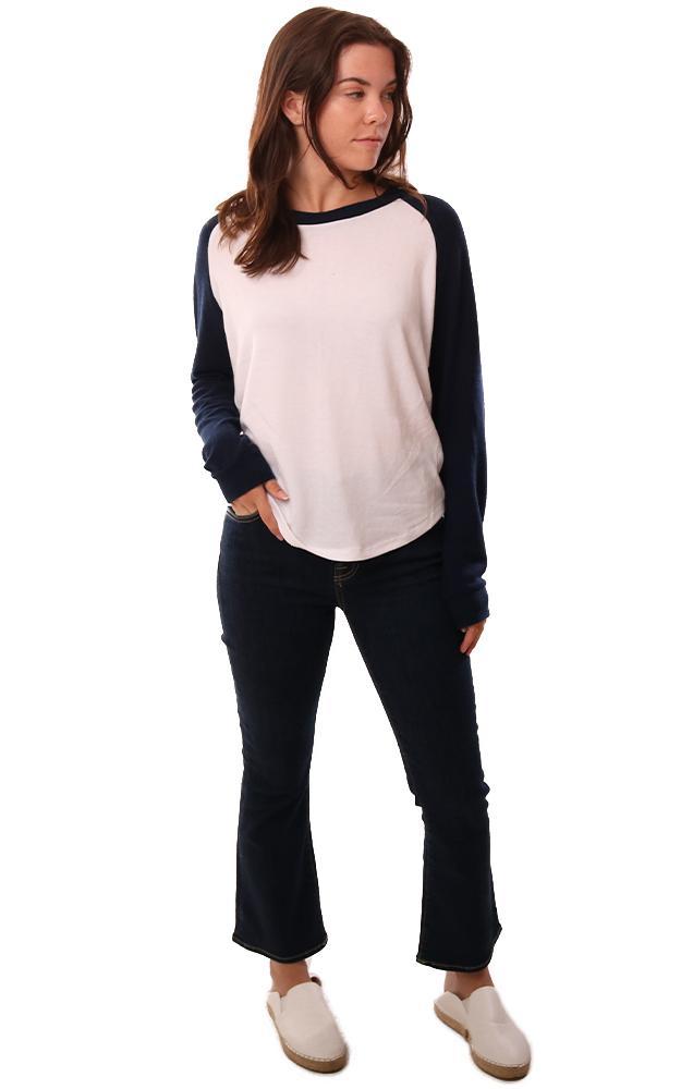 Six Fifty Tops Crew Neck Long Sleeve White Navy Raglan Pullover Top