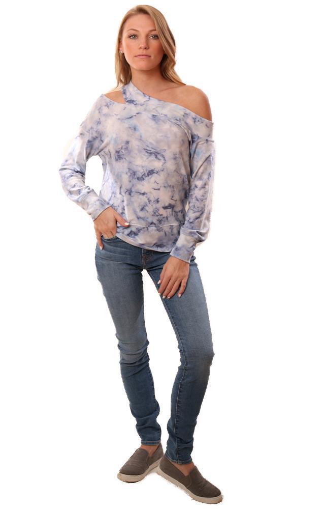 Red Haute Tops Long Sleeve Cutout Shoulder Blue Causal Top