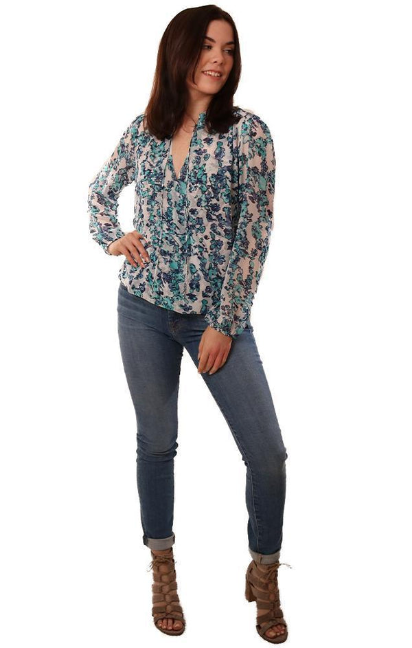 Veronica M Tops Long Sleeve Cross Front Blue White Floral Print Top