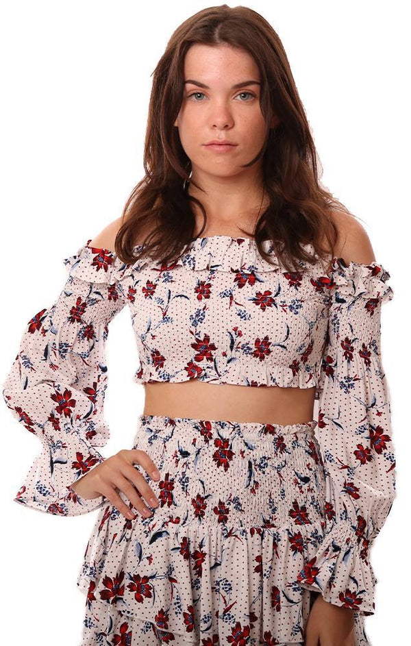 Tops Off The Shoulder Smocked Ruffle Trim Cropped Floral Print Mini Top